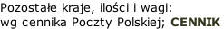 Pozostałe kraje, ilości i wagi: wg cennika Poczty Polskiej; CENNIK